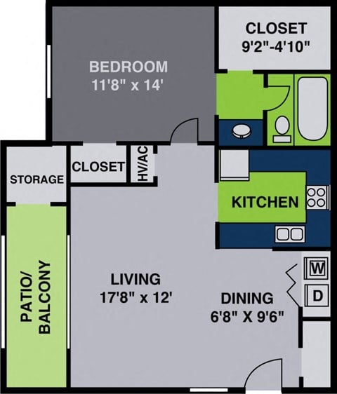Floor plan for 1 bed, 1 bath, 760 sqft